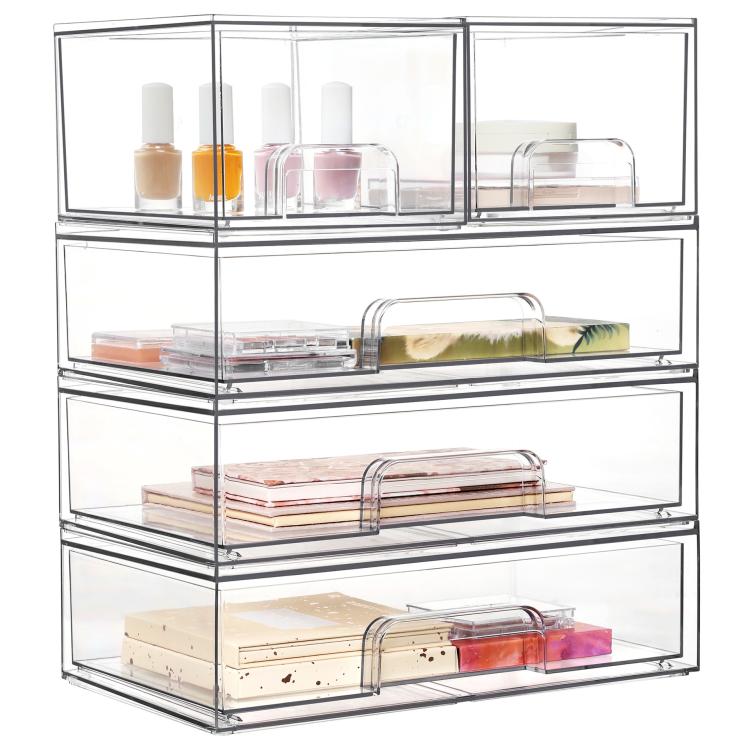 Scatole portaoggetti trasparenti in plastica per cosmetici, impilabili e ideali per l'organizzazione della scrivania., Wide+2 Small, 2 Tall+2 Small, 2 Wide+2 Tall, Wide+2 Tall+2 Small, 3 Wide+2 Small, 2 Wide+4 Small