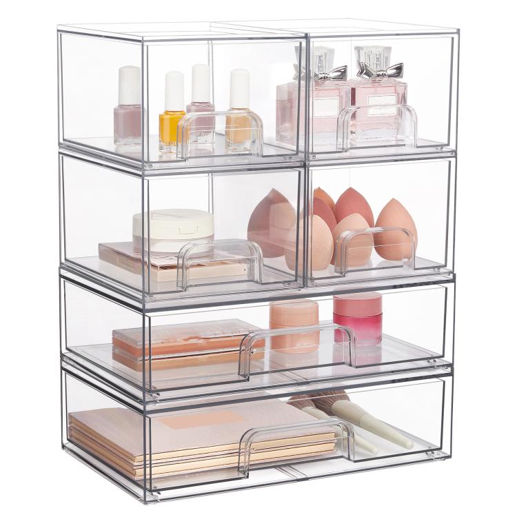 Scatole portaoggetti trasparenti in plastica per cosmetici, impilabili e ideali per l'organizzazione della scrivania., Wide+2 Small, 2 Tall+2 Small, 2 Wide+2 Tall, Wide+2 Tall+2 Small, 3 Wide+2 Small, 2 Wide+4 Small