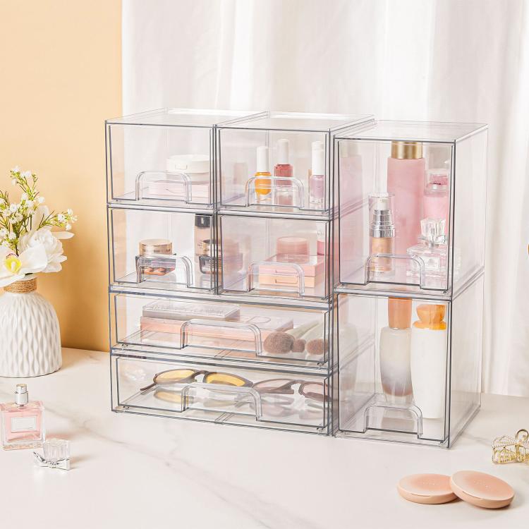 Scatole portaoggetti trasparenti in plastica per cosmetici, impilabili e ideali per l'organizzazione della scrivania., Wide+2 Small, 2 Tall+2 Small, 2 Wide+2 Tall, Wide+2 Tall+2 Small, 3 Wide+2 Small, 2 Wide+4 Small