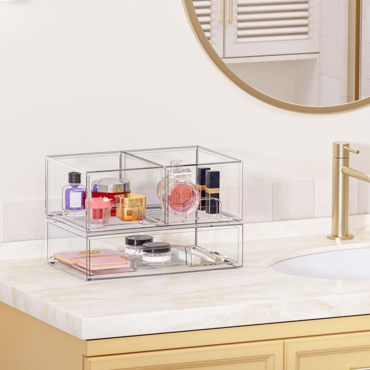 Scatole portaoggetti trasparenti in plastica per cosmetici, impilabili e ideali per l'organizzazione della scrivania., Wide+2 Small, 2 Tall+2 Small, 2 Wide+2 Tall, Wide+2 Tall+2 Small, 3 Wide+2 Small, 2 Wide+4 Small