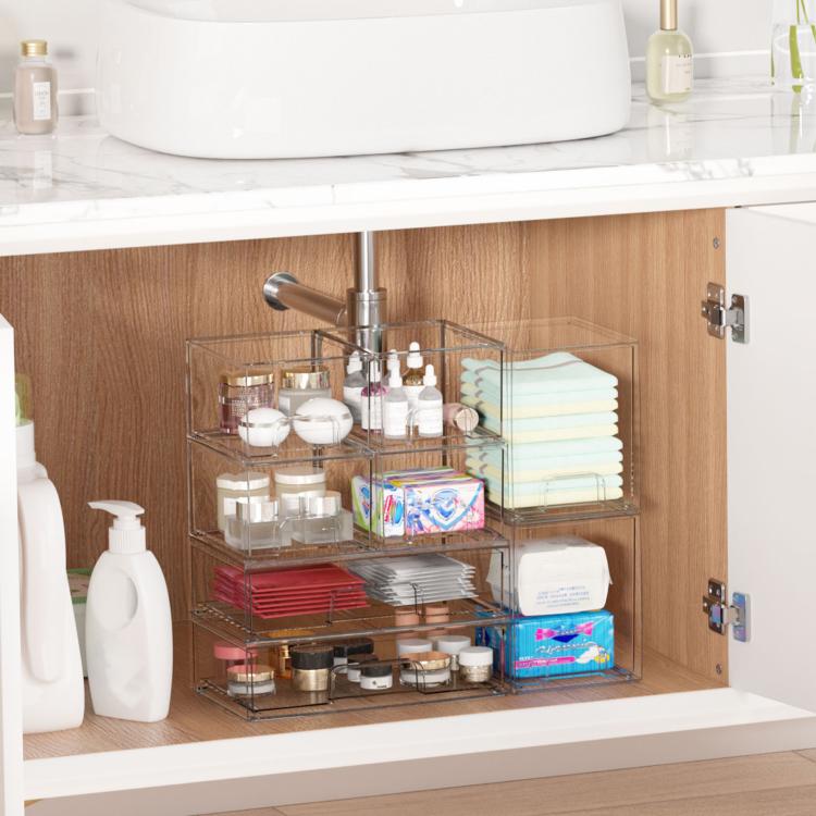 Scatole portaoggetti trasparenti in plastica per cosmetici, impilabili e ideali per l'organizzazione della scrivania., Wide+2 Small, 2 Tall+2 Small, 2 Wide+2 Tall, Wide+2 Tall+2 Small, 3 Wide+2 Small, 2 Wide+4 Small
