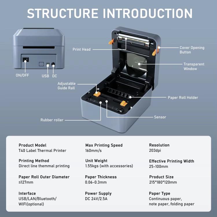 Stampante termica per etichette da 4 pollici per spedizioni, codici a barre e imballaggi, larghezza di stampa da 25 a 100 mm, spina europea., HZTZ T40 USB, HZTZ T40 USB+Bluetooth, HZTZ T40 USB+LAN, HZTZ T40 USB+Bluetooth+Wi-Fi, HZTZ T40 USB+Wi-Fi