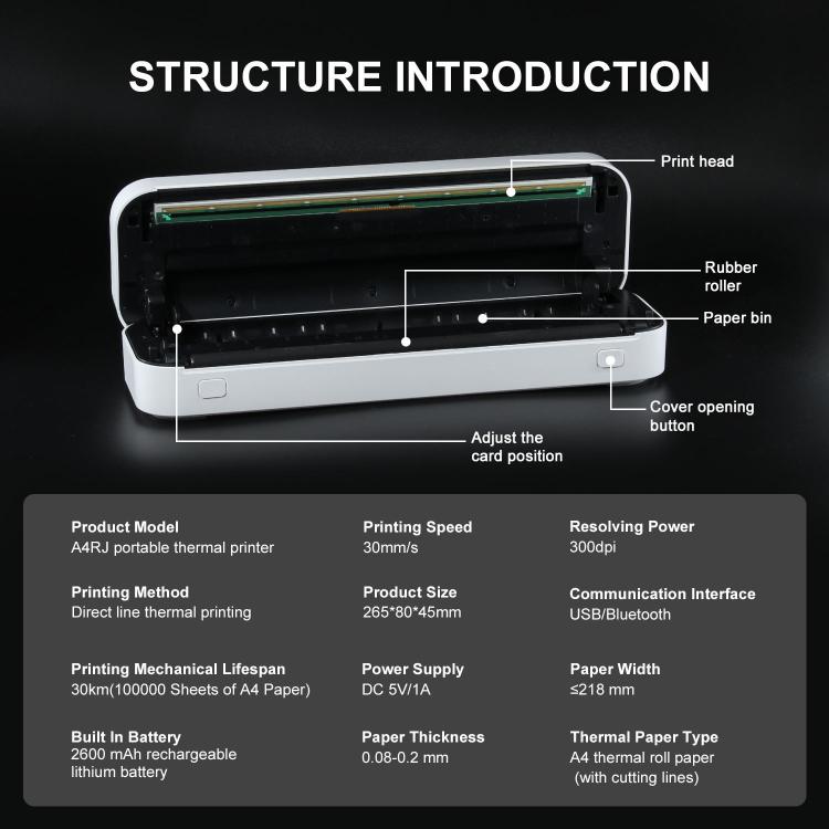 Stampante termica ricaricabile wireless, compatibile con carta da 2 a 8,5 pollici per PDF, file, immagini e carta per tatuaggi., HZTZ A4RJ 200dpi White, HZTZ A4RJ 200dpi Black, HZTZ A4RJ PRO 300dpi White, HZTZ A4RJ PRO 300dpi Black