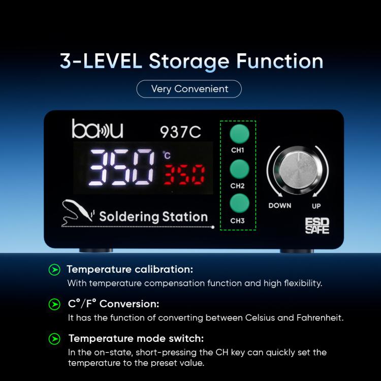 BAKU BA-937C Stazione saldante LCD da 120 W, kit saldatore elettrico termostatico con 3 canali di temperatura preimpostati., 110V US Plug, 220V EU Plug