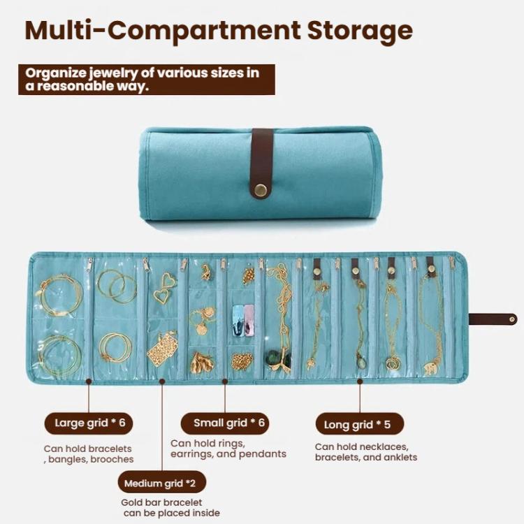 Borsa organizer arrotolabile in velluto per gioielli, con scomparti multipli per collane, bracciali e accessori in oro.