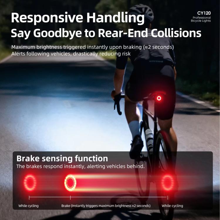 Frenata intelligente per bicicletta, luce posteriore in fibra di carbonio con sensore di vibrazione e spia di avvertimento., CY120