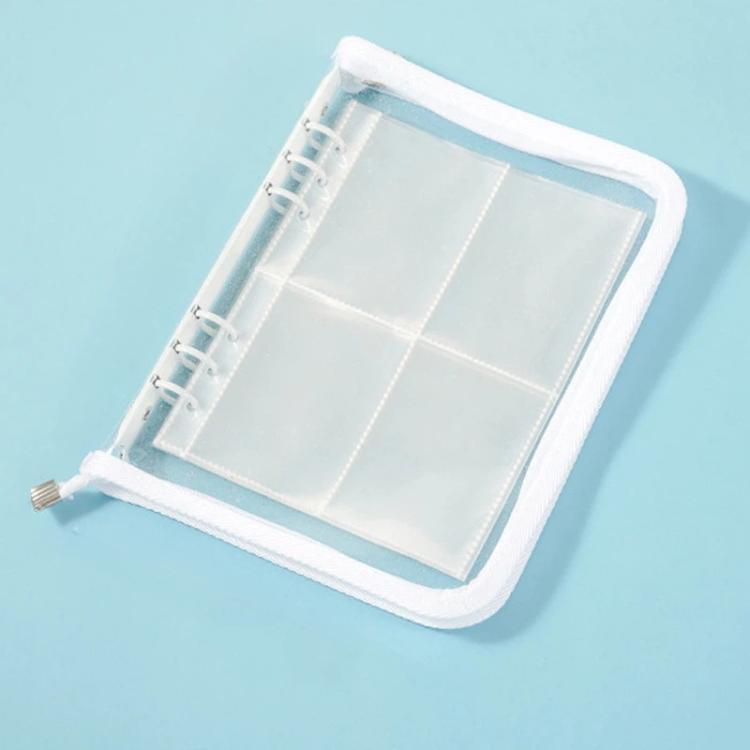 Astuccio multifunzione con cerniera in PVC trasparente e scintillante formato A5, con 25 fogli sfusi e quattro scomparti per riporre gioielli, denaro e foto.