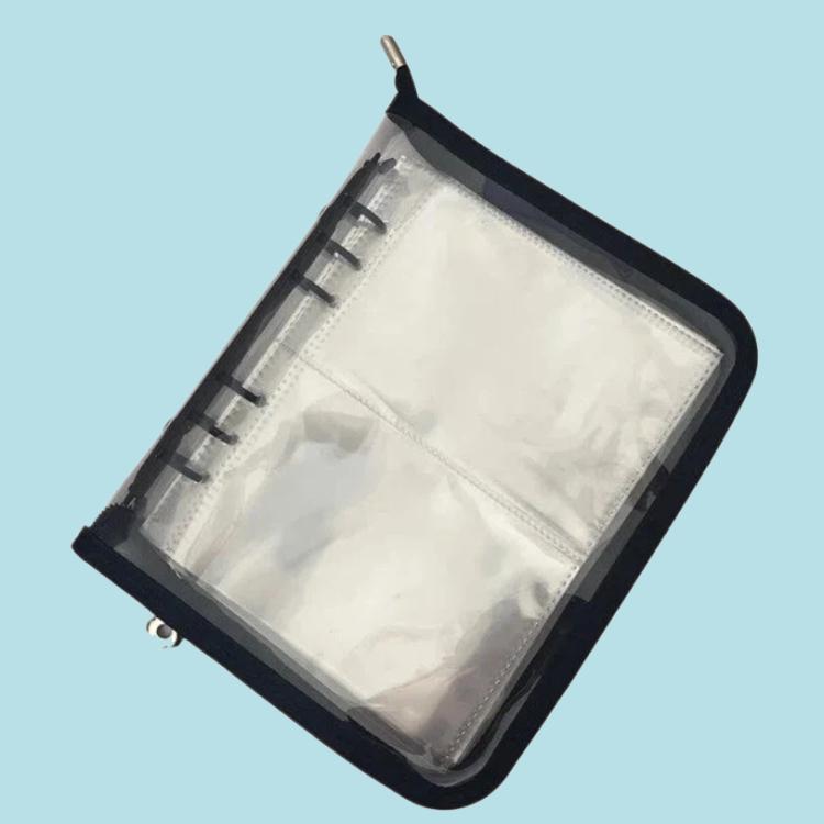Astuccio multifunzione con cerniera in PVC trasparente e scintillante formato A5, con 25 fogli sfusi e quattro scomparti per riporre gioielli, denaro e foto.