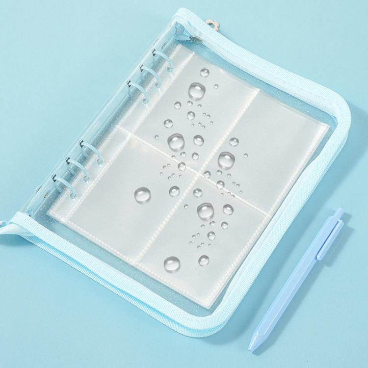 Astuccio multifunzione con cerniera in PVC trasparente e scintillante formato A5, con 25 fogli sfusi e quattro scomparti per riporre gioielli, denaro e foto.