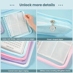Astuccio multifunzione con cerniera in PVC trasparente e scintillante formato A5, con 25 fogli sfusi e quattro scomparti per riporre gioielli, denaro e foto.