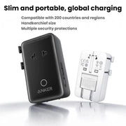 Adattatore multi-paese ANKER A9215, ricarica rapida PD da 20 W, caricabatterie portatile universale con distribuzione intelligente.