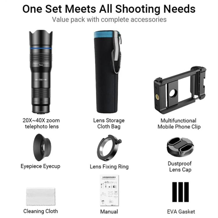 Obiettivo zoom teleobiettivo universale APEXEL interamente in metallo 20-40x per smartphone, telescopio HD per telefono per fotografia lunare e di concerti, APL-20-40X