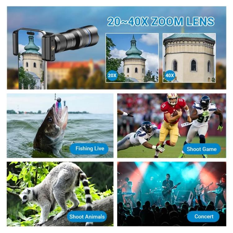 Obiettivo zoom teleobiettivo universale APEXEL interamente in metallo 20-40x per smartphone, telescopio HD per telefono per fotografia lunare e di concerti, APL-20-40X