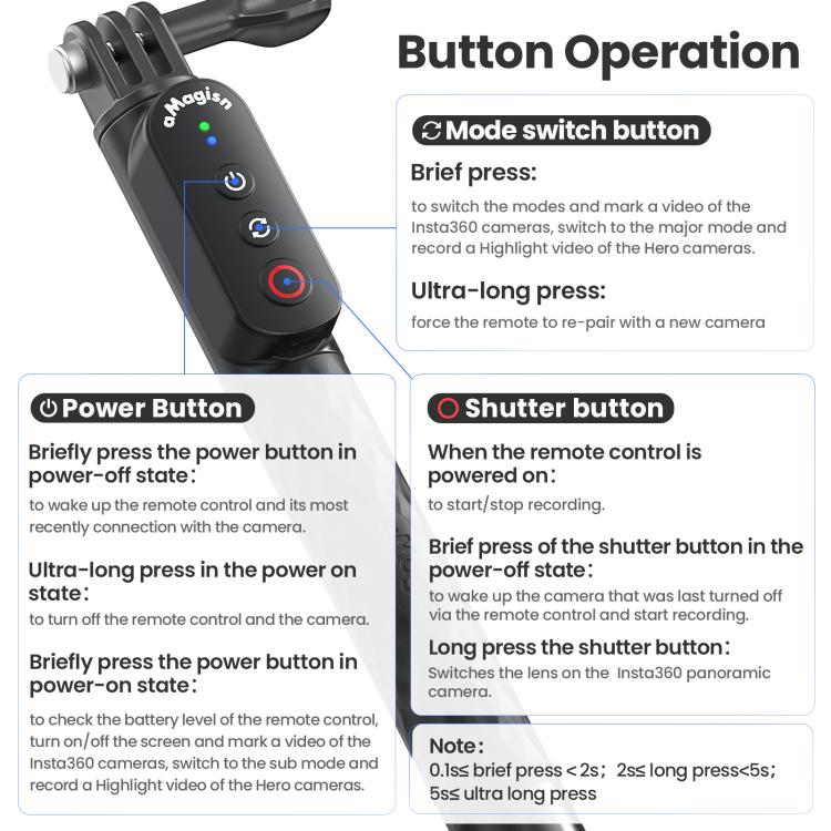 Amagisn Selfie Stick con telecomando per action camera e smartphone, Bluetooth 5.1, estensibile fino a 101 cm (40 pollici)., Claw, 1/4 Inch, Ballhead Claw, Ballhead 1/4 Inch
