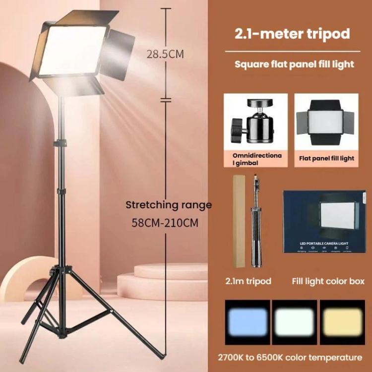 Pannello LED piatto quadrato da 10 pollici (2700K-6500K) con alette a 4 battenti e treppiede da 2,1 m per studio fotografico/video., US Plug