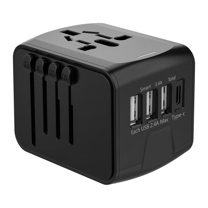 Adattatore da viaggio con 3 porte USB + presa universale Type-C, caricabatterie multifunzione, spina US/EU/UK/AU, 199T-3U