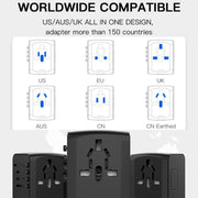 Adattatore da viaggio con 3 porte USB + presa universale Type-C, caricabatterie multifunzione, spina US/EU/UK/AU, 199T-3U