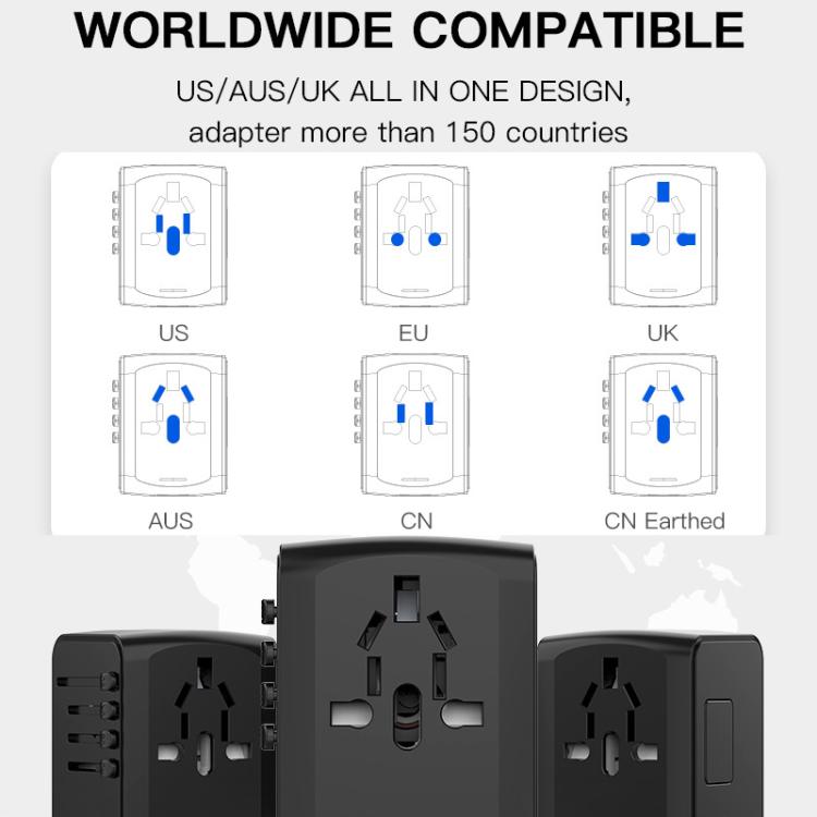 Adattatore da viaggio con 3 porte USB + presa universale Type-C, caricabatterie multifunzione, spina US/EU/UK/AU, 199T-3U