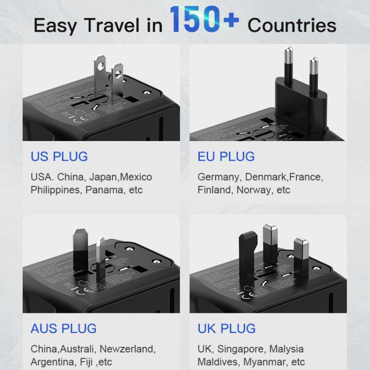 Adattatore da viaggio con 3 porte USB + presa universale Type-C, caricabatterie multifunzione, spina US/EU/UK/AU, 199T-3U