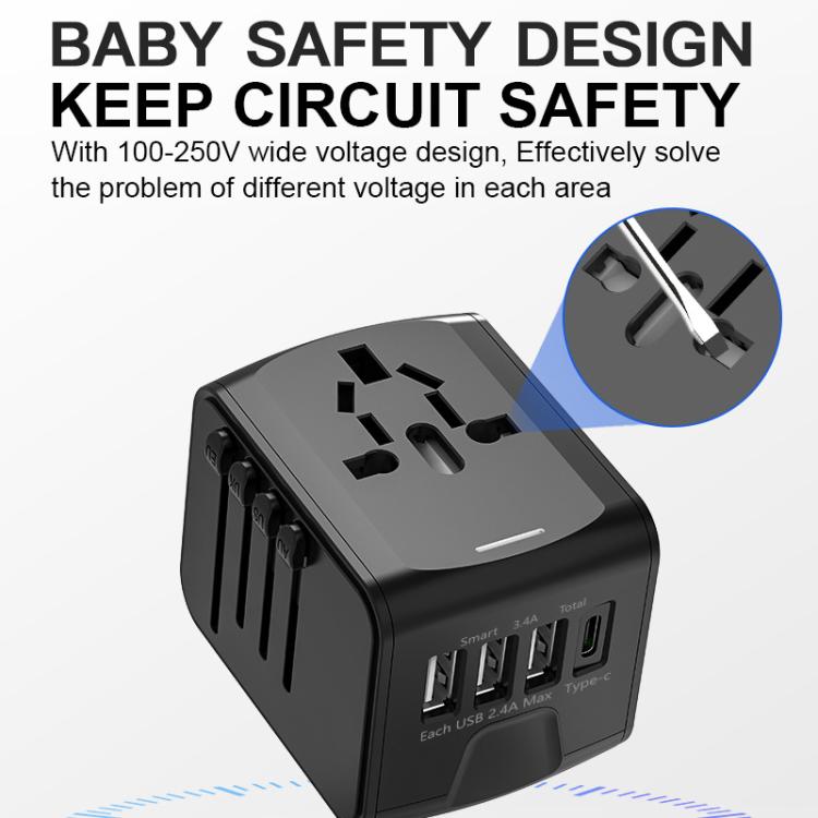 Adattatore da viaggio con 3 porte USB + presa universale Type-C, caricabatterie multifunzione, spina US/EU/UK/AU, 199T-3U