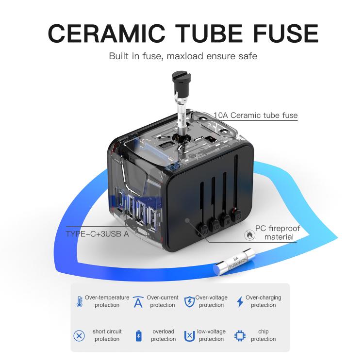 Adattatore da viaggio con 3 porte USB + presa universale Type-C, caricabatterie multifunzione, spina US/EU/UK/AU, 199T-3U