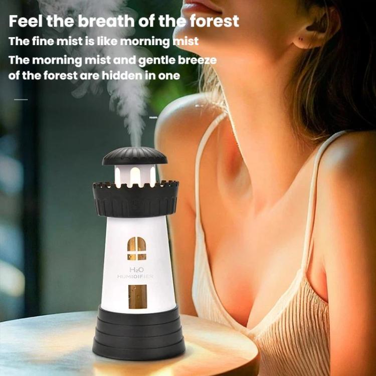 Umidificatore mini compatto a forma di faro da 290 ml, diffusore di nebulizzazione silenzioso per la casa.
