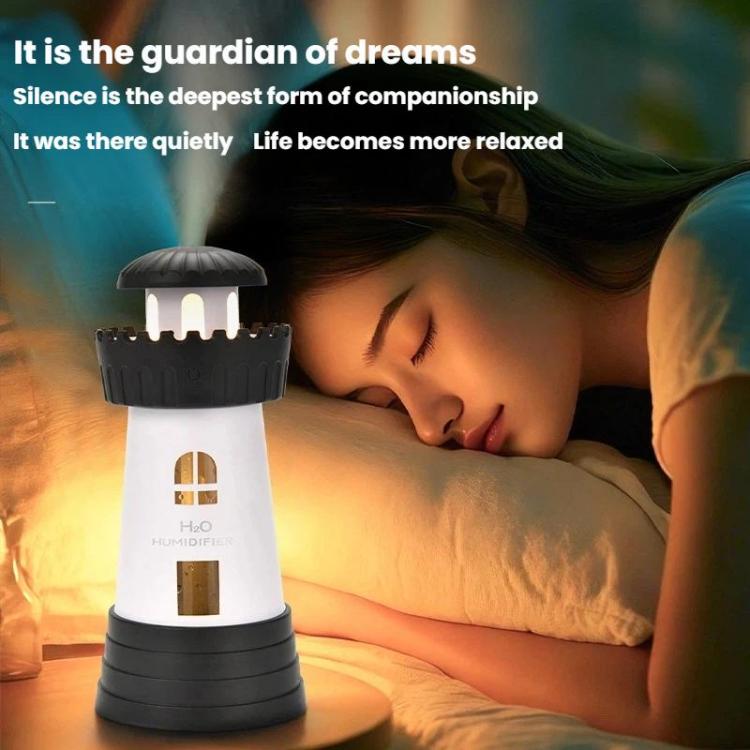 Umidificatore mini compatto a forma di faro da 290 ml, diffusore di nebulizzazione silenzioso per la casa.