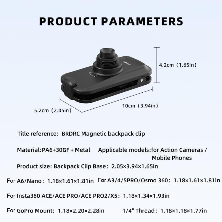 Tracolla a sgancio rapido magnetico per zaino BRDRC Action Cameras, For DJI Action 6 / Nano, For DJI Action 3 / 4 / 5Pro / Osmo 360, For Insta360 Ace Pro 1 / 2 / ACE / X5, For Gopro, 1/4 Interface