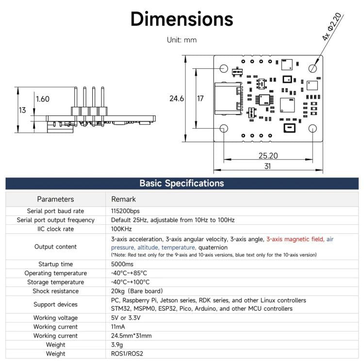 Modulo sensore IMU AHRS per Jetson e Raspberry Pi