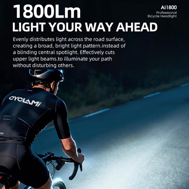 Faro anteriore per bicicletta CYCLAMI AI1800, impermeabile, ad alta intensità, ideale per la guida notturna.