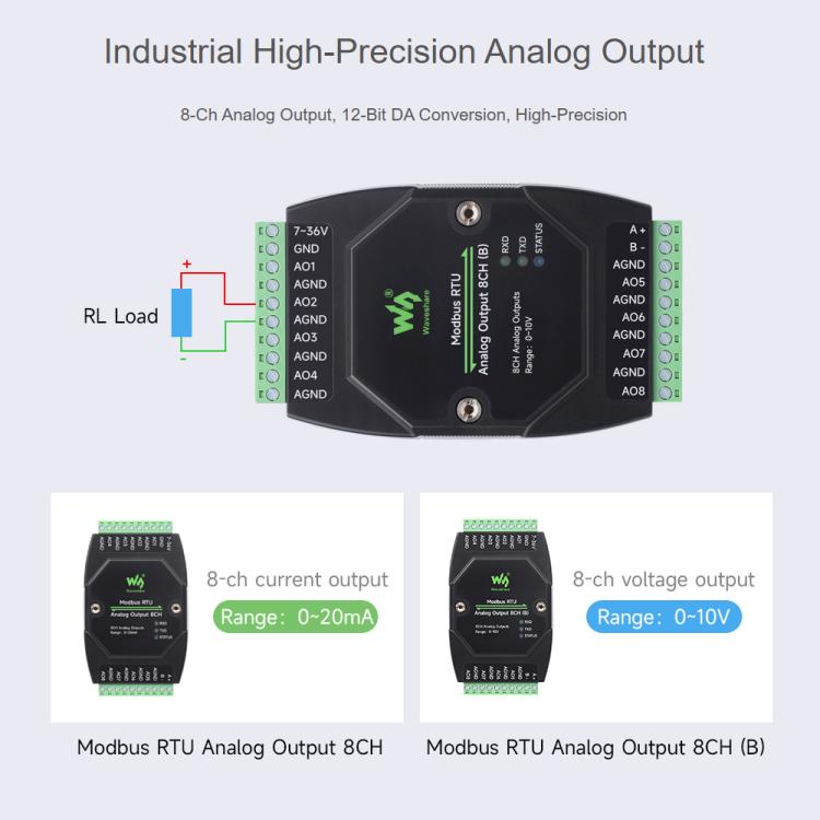 Modulo di uscita analogica industriale Waveshare a 8 canali con conversione DA a 12 bit, Modbus RTU Analog Output 8CH, Modbus RTU Analog Output 8CH (B)