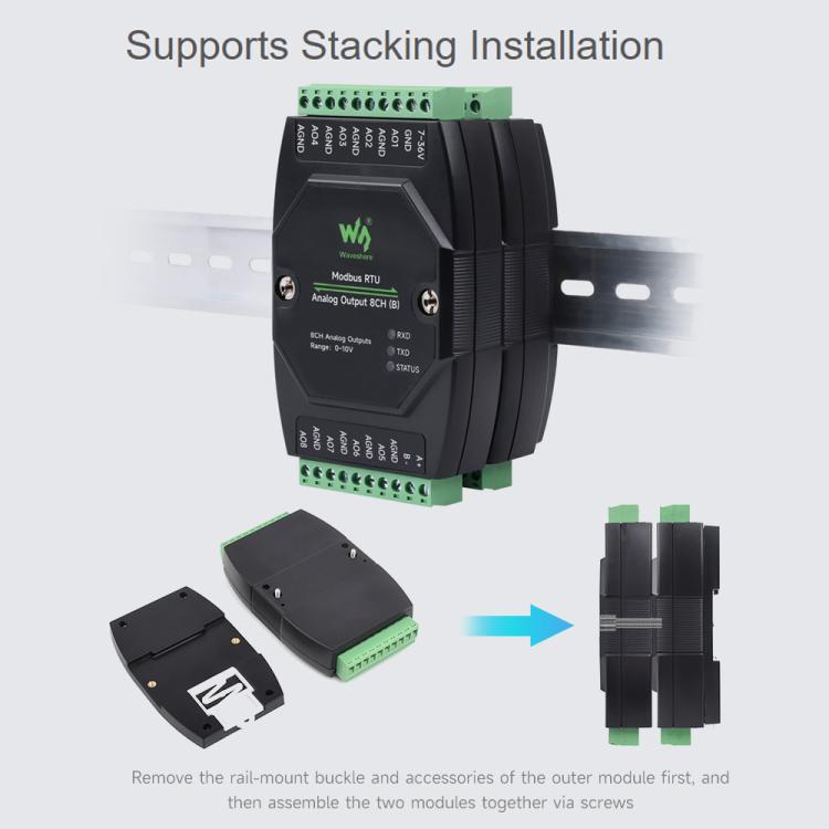 Modulo di uscita analogica industriale Waveshare a 8 canali con conversione DA a 12 bit, Modbus RTU Analog Output 8CH, Modbus RTU Analog Output 8CH (B)