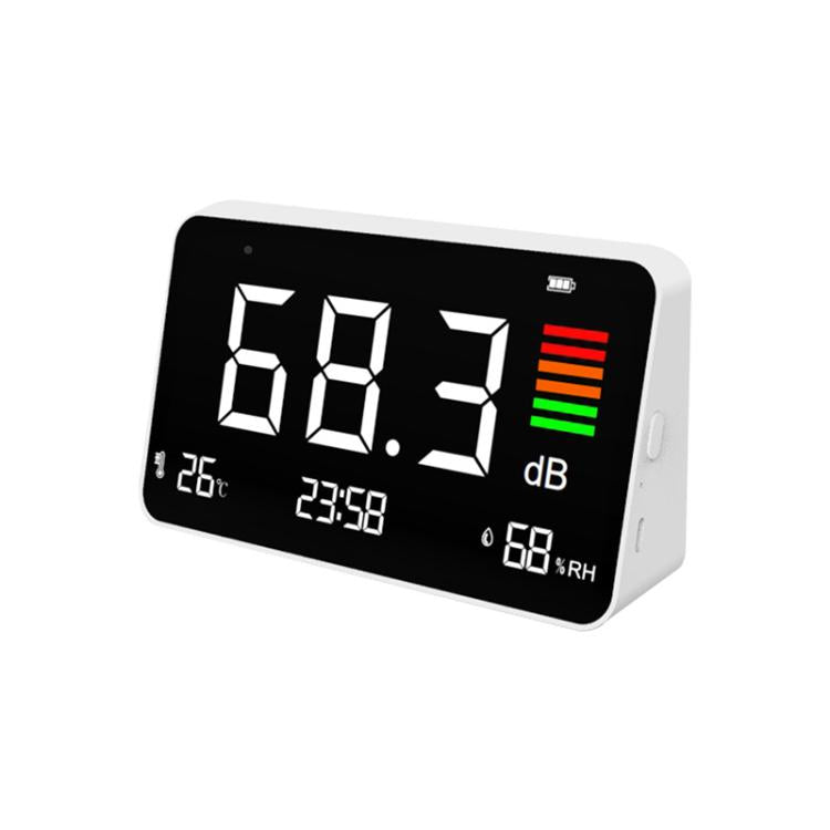 Rumoremetro digitale 4 in 1 con sensore di temperatura e umidità, visualizzazione dell'ora, batteria ricaricabile, retroilluminazione regolabile., DM219N
