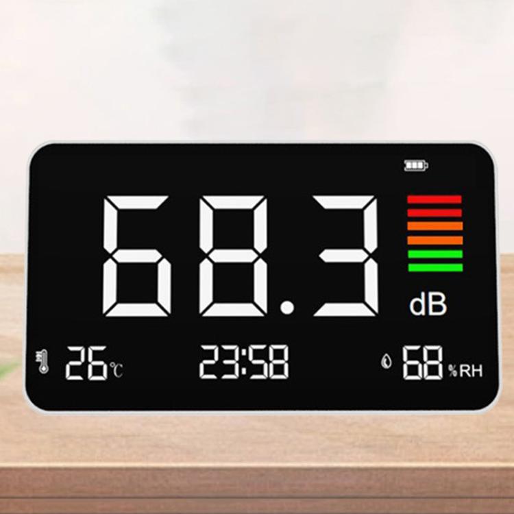 Rumoremetro digitale 4 in 1 con sensore di temperatura e umidità, visualizzazione dell'ora, batteria ricaricabile, retroilluminazione regolabile., DM219N