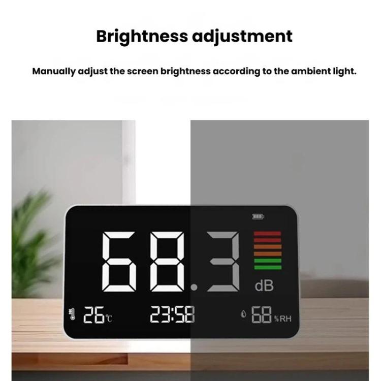 Rumoremetro digitale 4 in 1 con sensore di temperatura e umidità, visualizzazione dell'ora, batteria ricaricabile, retroilluminazione regolabile., DM219N