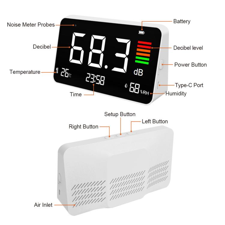 Rumoremetro digitale 4 in 1 con sensore temperatura e umidità
