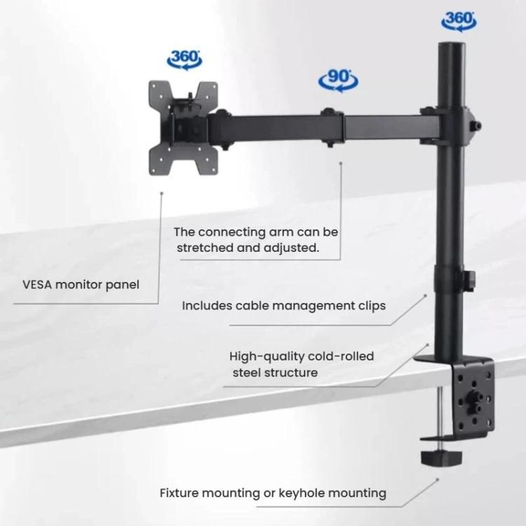 Desk Clamp Monitor Stand with Telescopic Arm, 40cm Height-Adjustable Pole Mount for Computer Screens, Pole Mount