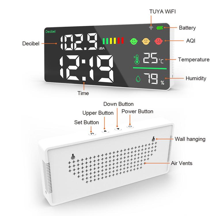 Tuya Smart 5-in-1 Wall-Mounted Noise Decibel Meter With Temperature, Humidity and Time Display, BASIC-C, BASIC-F, Upgraded