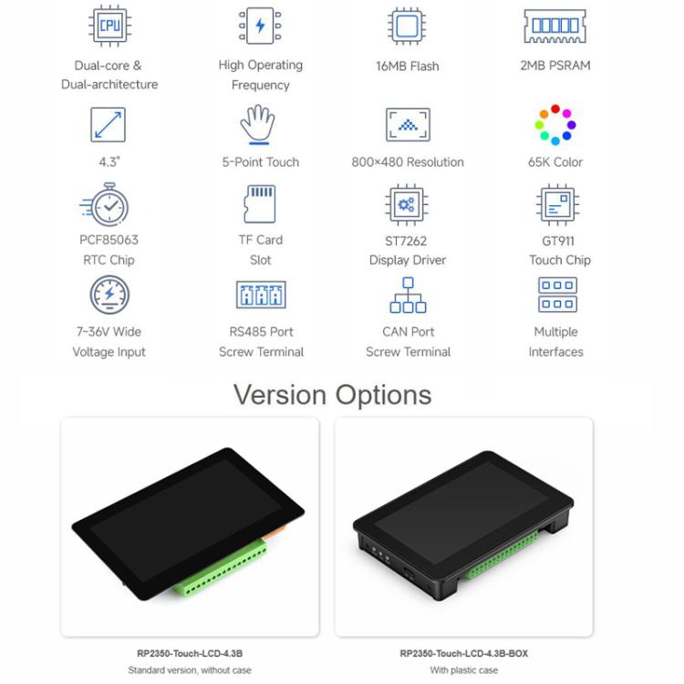 Scheda di sviluppo per display touch capacitivo WAVESHARE RP2350 da 4,3 pollici, Without Case, With Plastic Case