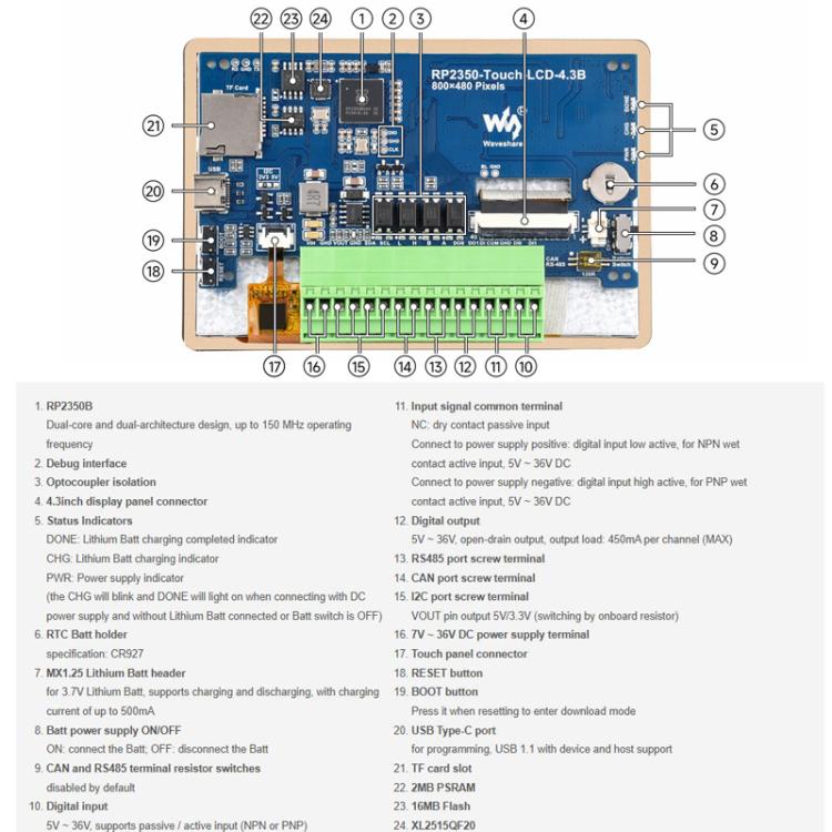 Scheda di sviluppo per display touch capacitivo WAVESHARE RP2350 da 4,3 pollici, Without Case, With Plastic Case