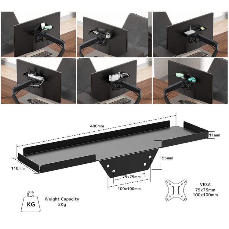 Behind The Monitor Organizer Shelf VESA Mount Tray Hidden Storage for Mini PC, Headphones & Speakers, KXD2522