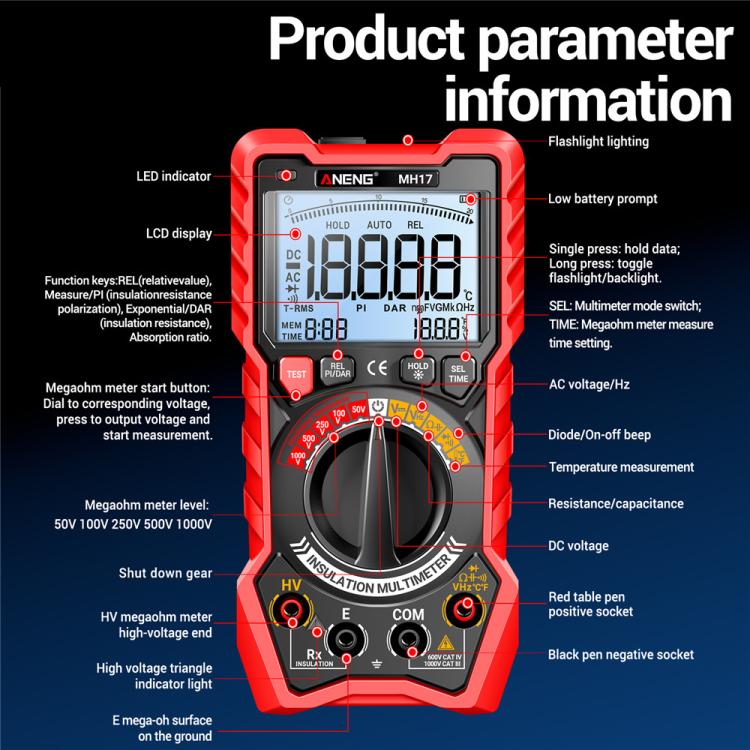 ANENG 1000V Tester di resistenza di isolamento Megohmmetro digitale, MH17