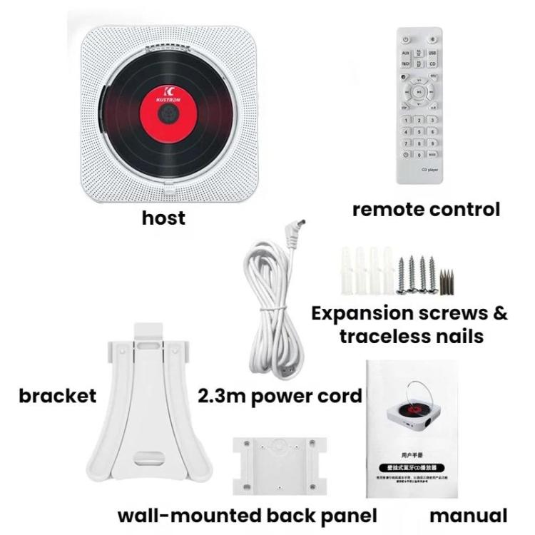 KUSTRON Home Wall-Mounted Rechargeable CD Player Bluetooth Speaker Music Player With Cover, US Plug, EU Plug, UK Plug, AU Plug