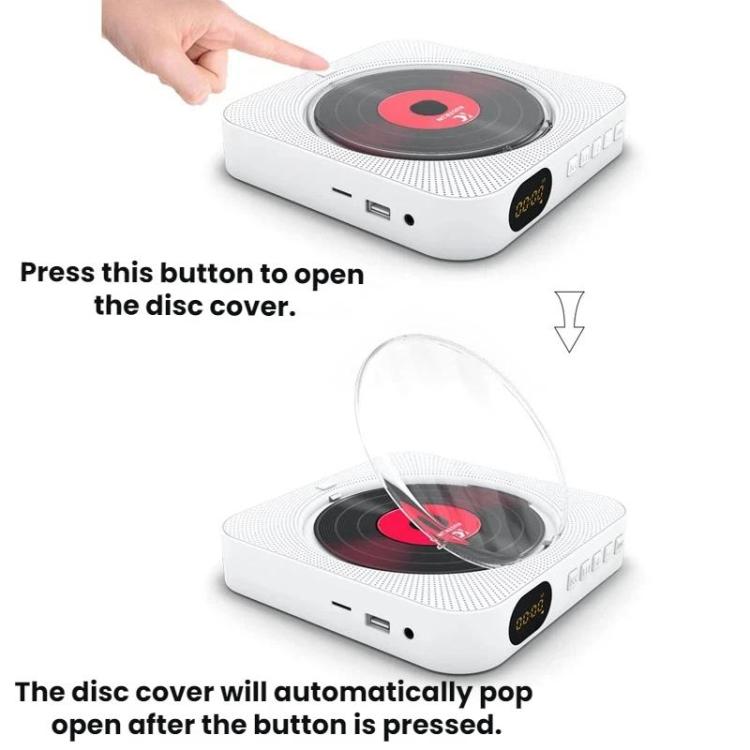 KUSTRON Home Wall-Mounted Rechargeable CD Player Bluetooth Speaker Music Player With Cover, US Plug, EU Plug, UK Plug, AU Plug