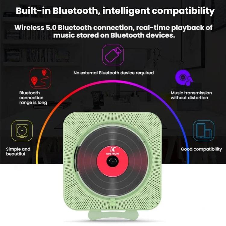 KUSTRON Home Wall-Mounted Rechargeable CD Player Bluetooth Speaker Music Player With Cover, US Plug, EU Plug, UK Plug, AU Plug