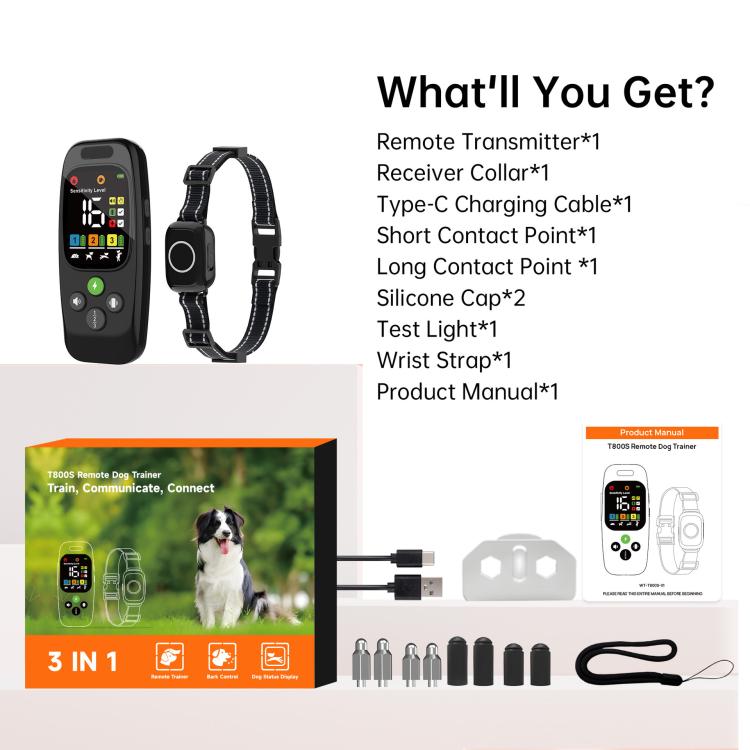Collare addestratore per cani 3 in 1 T800S con comunicazione bidirezionale, visualizzazione dello stato e monitoraggio dell'attività del cane., T800S