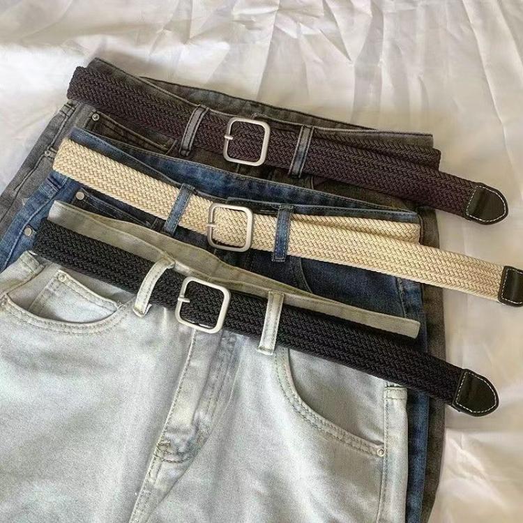 Cintura in tela intrecciata senza perforazioni con fibbia quadrata, 105cm
