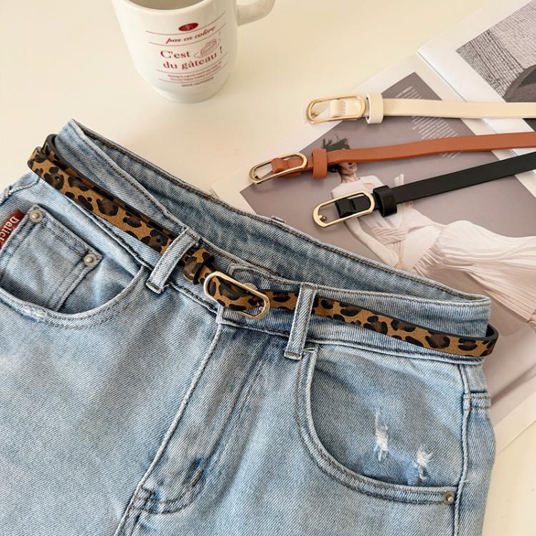 Cintura sottile in PU con dettagli in denim da donna, Leopard Print, White, Black, Light Tan