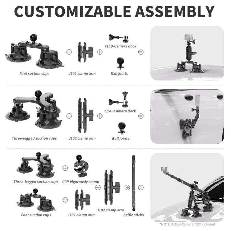 Supporto fisso per selfie stick con ventosa estensibile per auto e fotocamera sportiva Kewig QG-11, da montare sul tetto dell'auto.