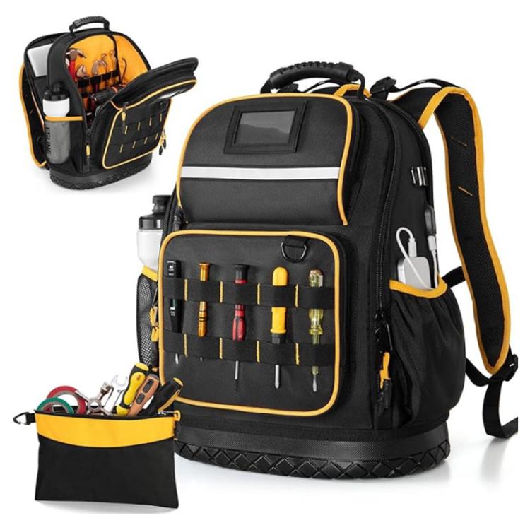 Zaino portautensili in tessuto Oxford con base in gomma, tasche multiple e scomparto per laptop da 15,6 pollici.